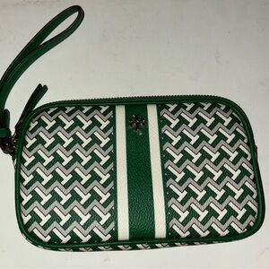Tory Burch Green and White T Zag Wristlet